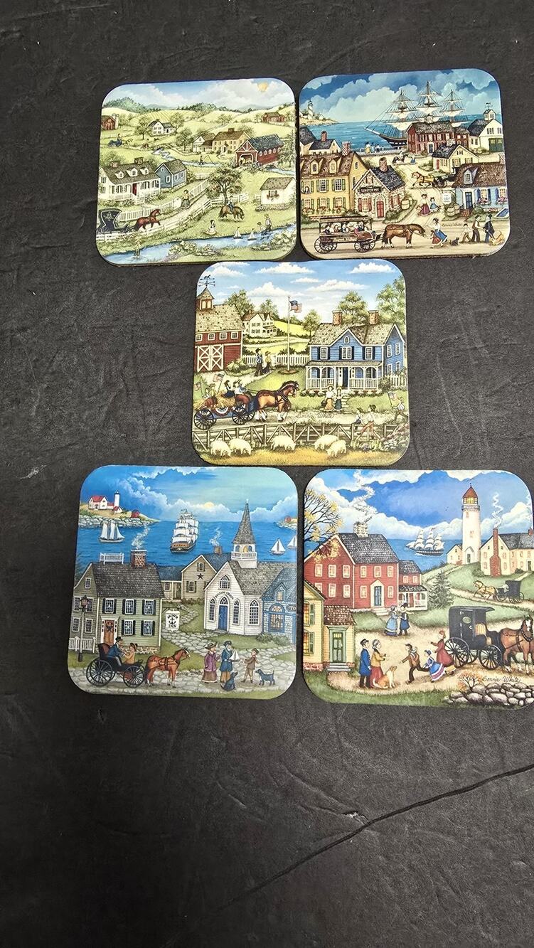 Vintage Folk Art Cork Back Coasters Set 5 Nautical Village Colonial Town Signed